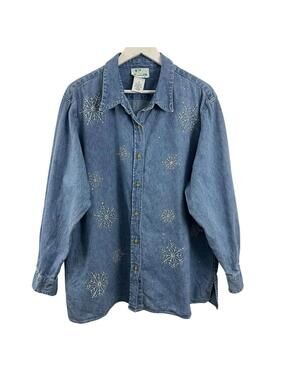 Quacker Factory Women’s Light Wash Rhinestone Snowflake Jean Jacket Size  XL